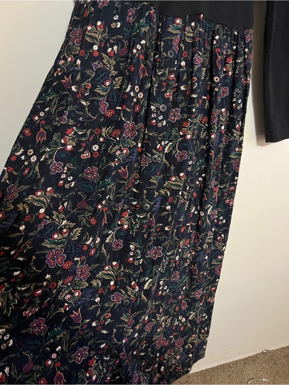 Vintage Black Floral Maxi Dress with Embroidered Thermal Long Sleeve Bodice 10 - Picture 6 of 11